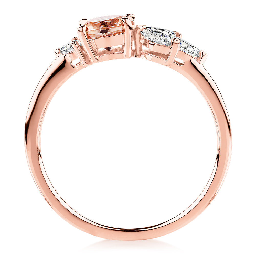 Round Brilliant and Marquise toi et moi shouldered engagement ring with morganite simulant and 0.33 carats* of diamond simulants in 10 carat rose gold