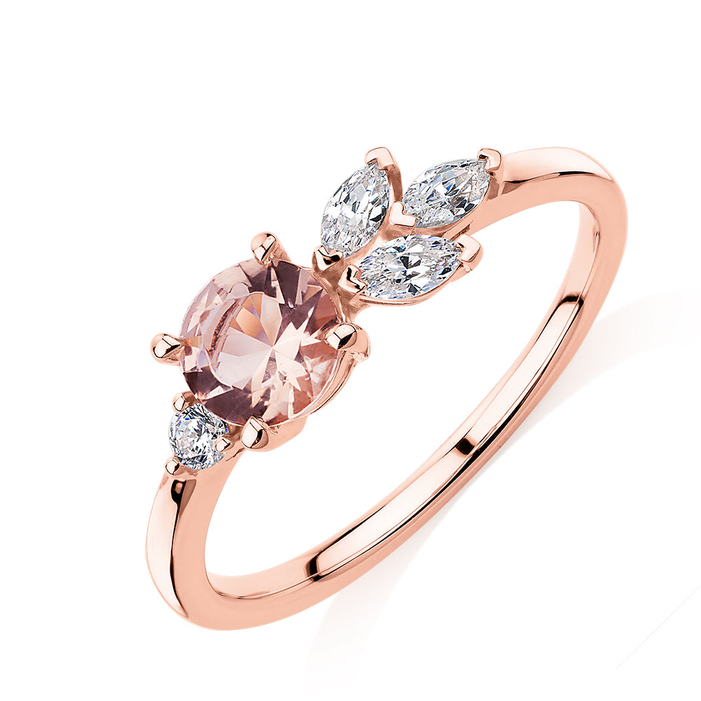 Round Brilliant and Marquise toi et moi shouldered engagement ring with morganite simulant and 0.33 carats* of diamond simulants in 10 carat rose gold