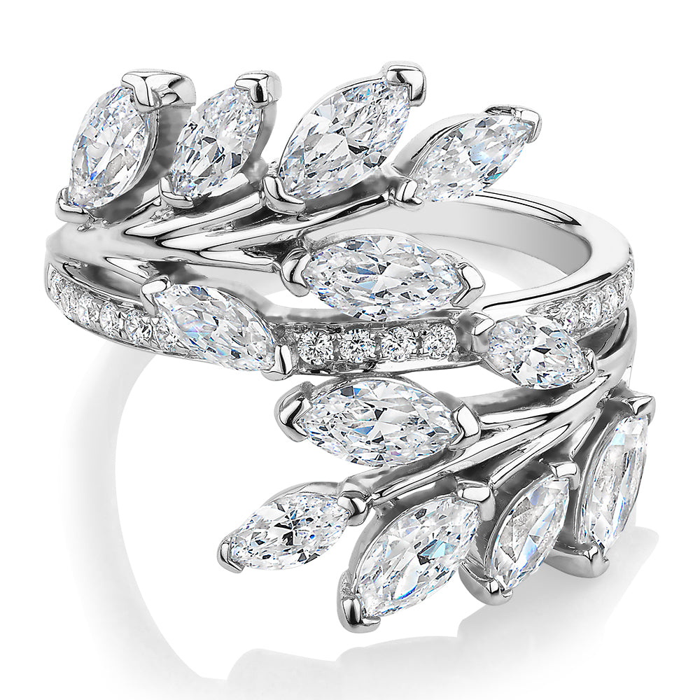 Dress ring with 2.48 carats* of diamond simulants in 10 carat white gold