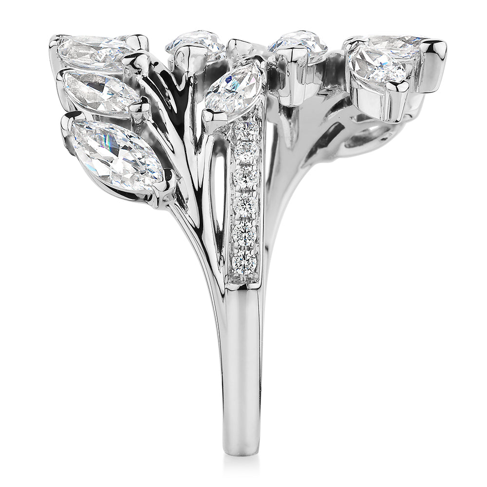 Dress ring with 2.48 carats* of diamond simulants in 10 carat white gold