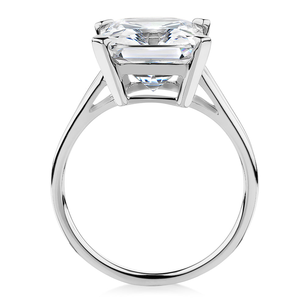 Radiant solitaire engagement ring with 6.79 carat* diamond simulant in 10 carat white gold