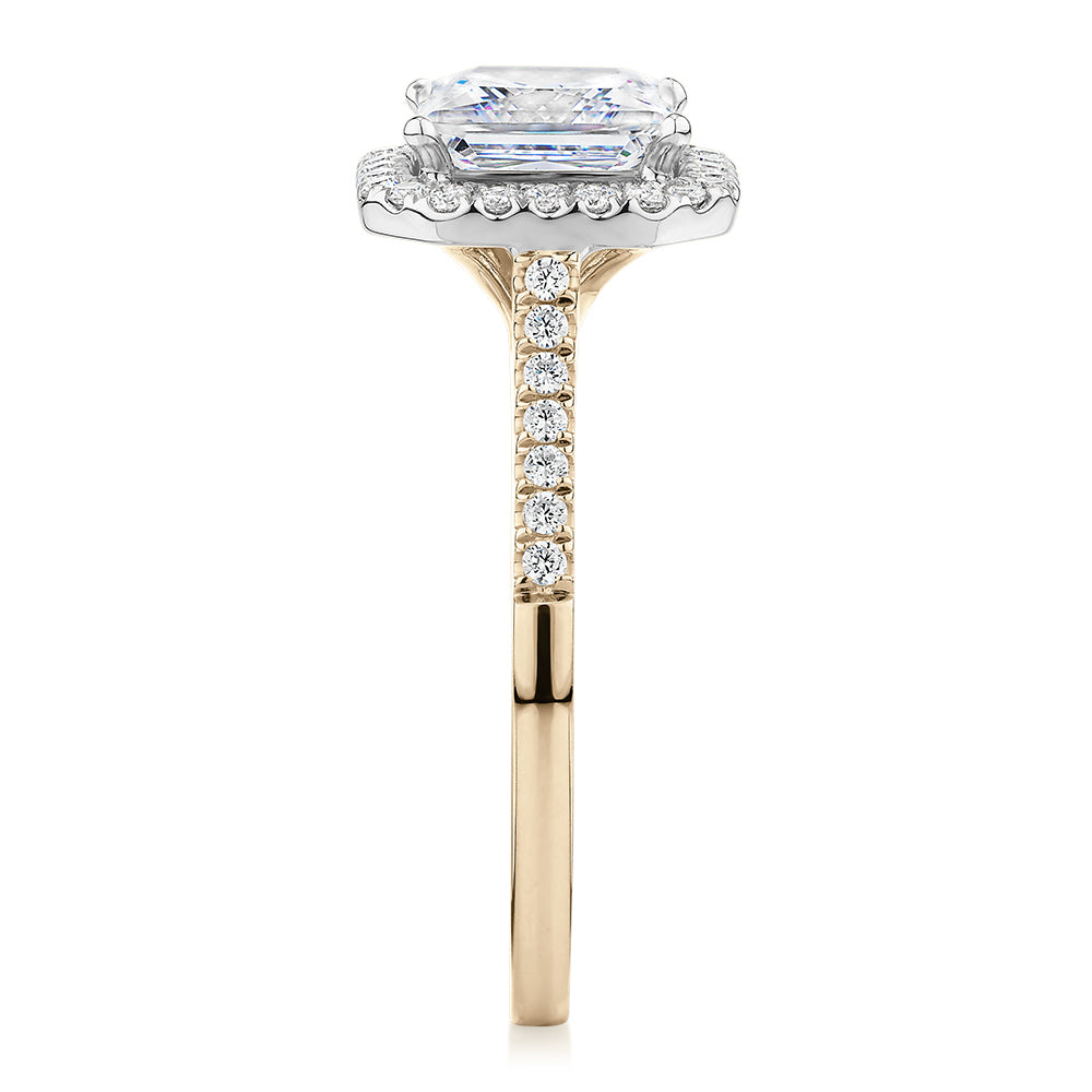 Princess Cut and Round Brilliant halo engagement ring with 2.21 carats* of diamond simulants in 14 carat yellow and white gold