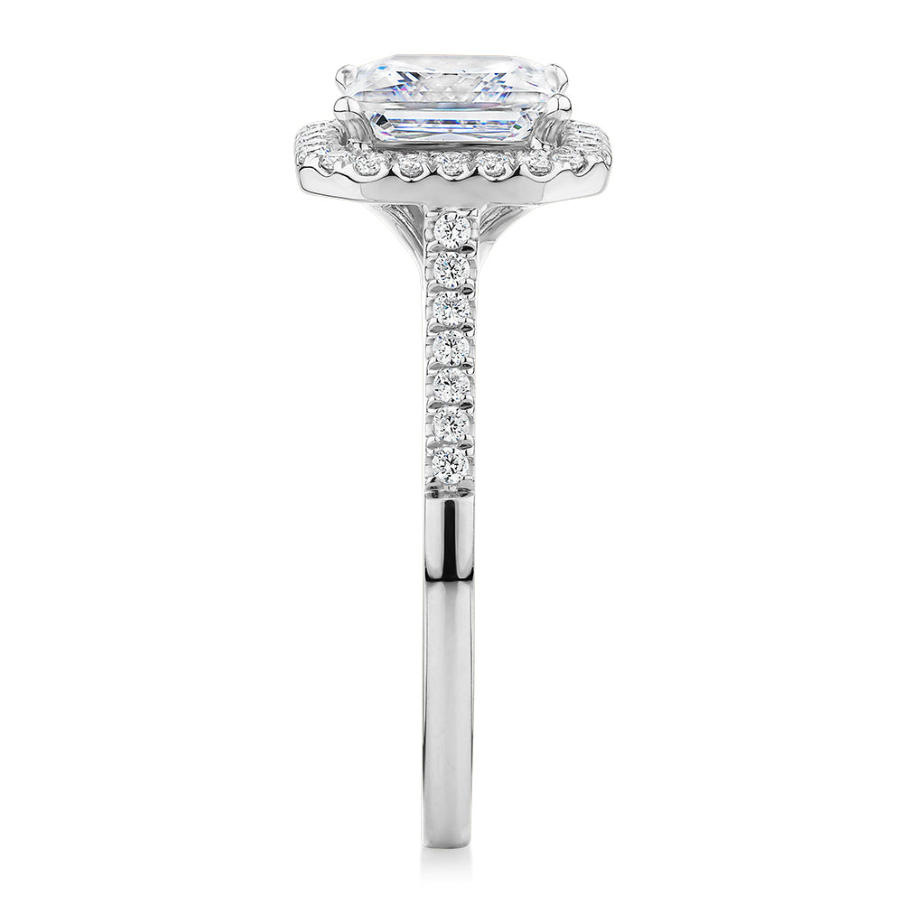 Princess Cut and Round Brilliant halo engagement ring with 2.21 carats* of diamond simulants in 14 carat white gold