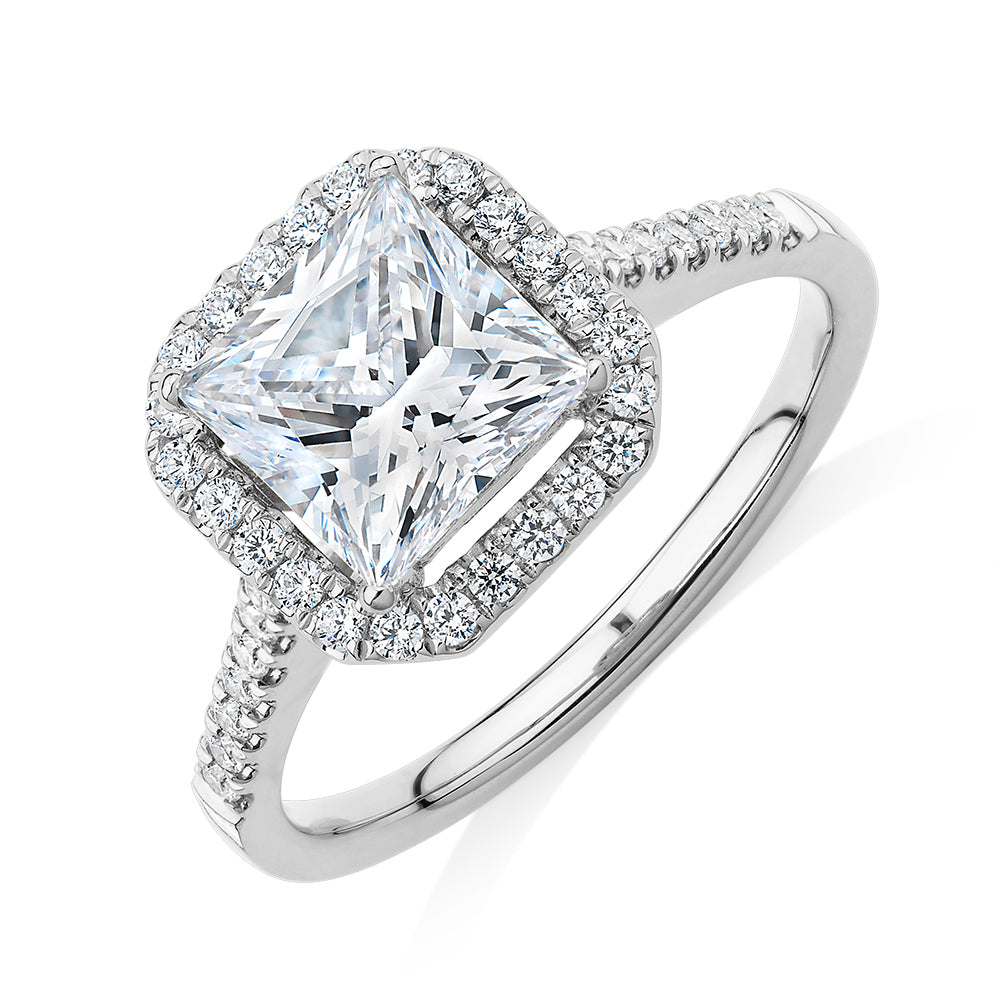 Princess Cut and Round Brilliant halo engagement ring with 2.21 carats* of diamond simulants in 14 carat white gold