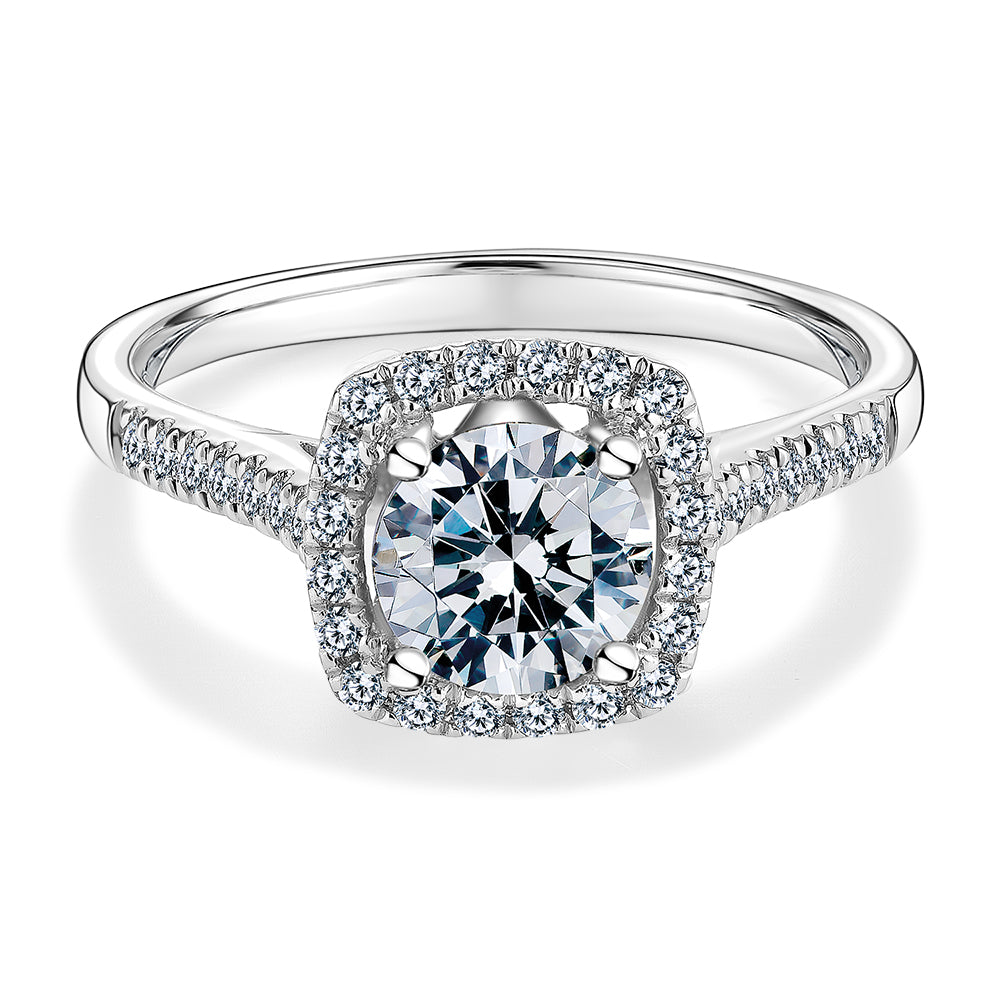 Round Brilliant halo engagement ring with 1.26 carats* of diamond simulants in 14 carat white gold