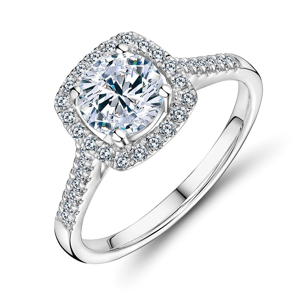Round Brilliant halo engagement ring with 1.26 carats* of diamond simulants in 14 carat white gold