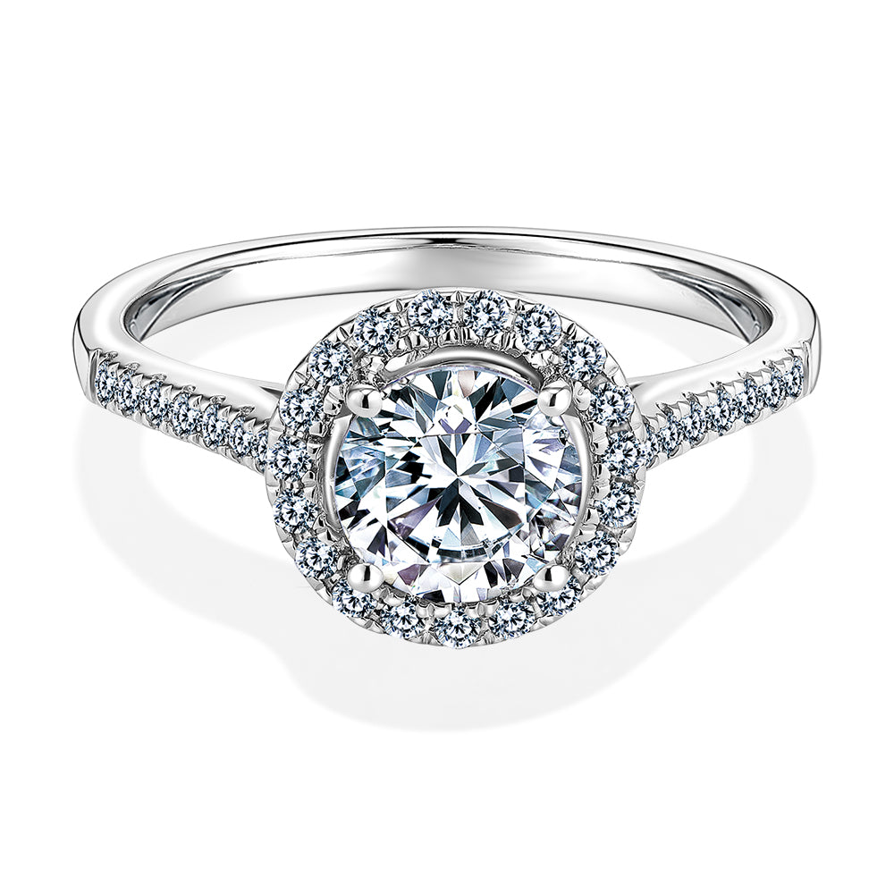 Round Brilliant halo engagement ring with 1.25 carats* of diamond simulants in 14 carat white gold