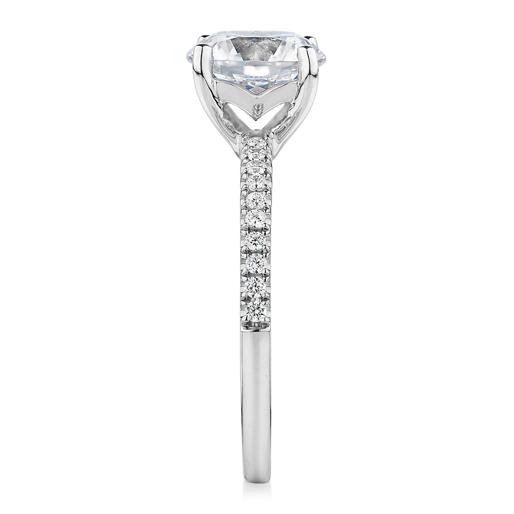 Round Brilliant shouldered engagement ring with 2.17 carats* of diamond simulants in 14 carat white gold