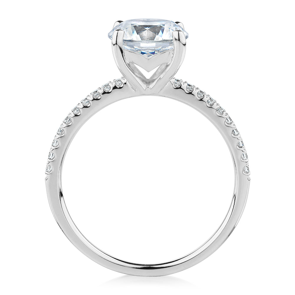 Round Brilliant shouldered engagement ring with 2.17 carats* of diamond simulants in 14 carat white gold