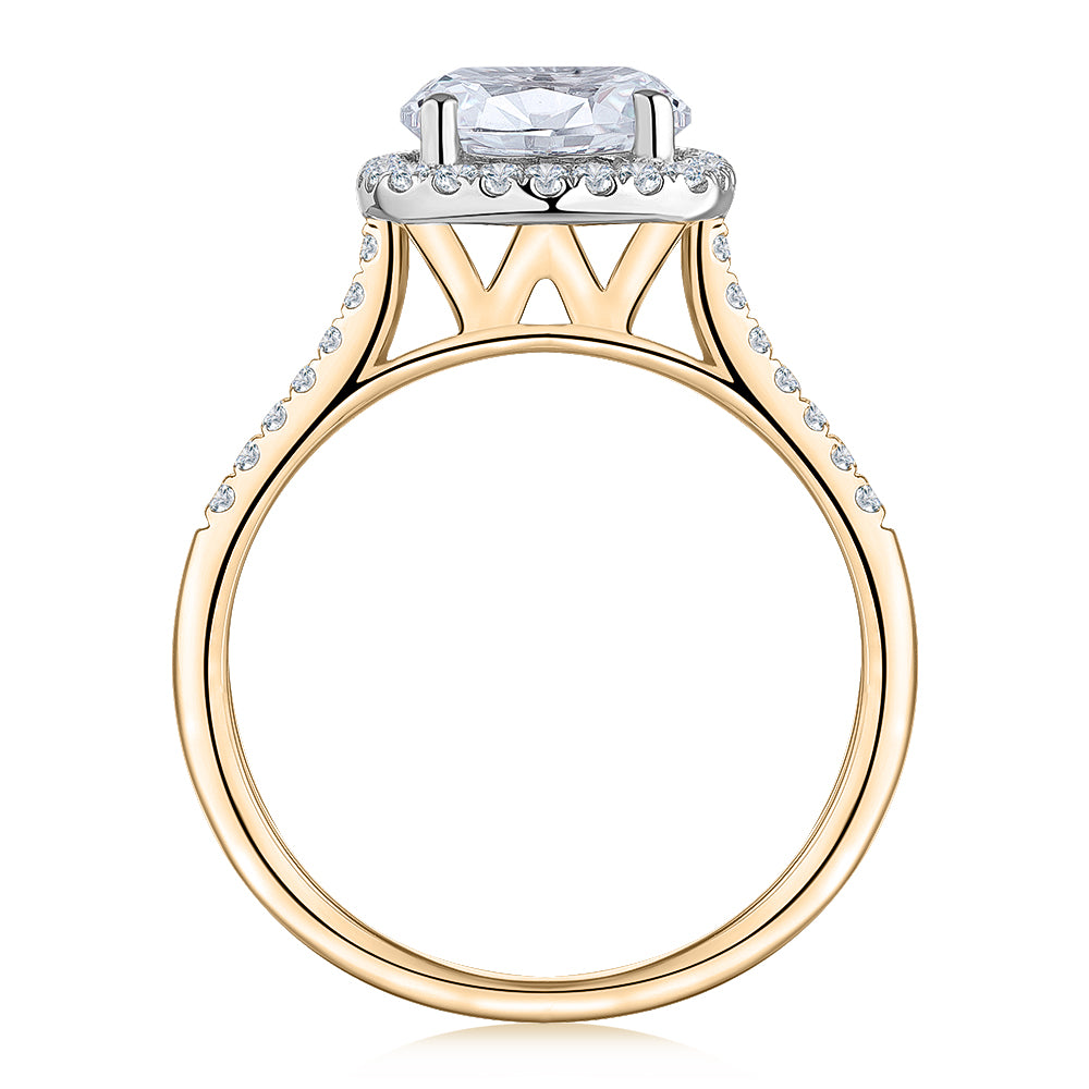 Round Brilliant halo engagement ring with 2.42 carats* of diamond simulants in 14 carat yellow and white gold