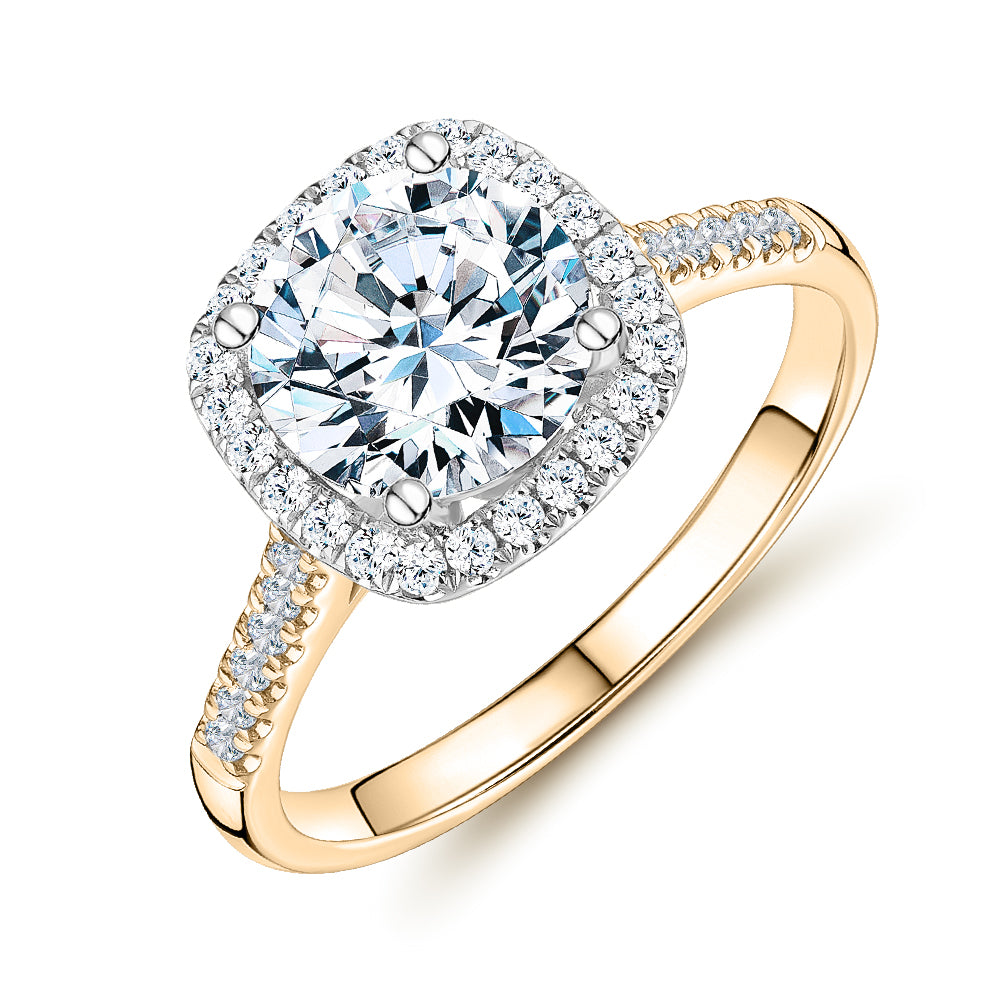 Round Brilliant halo engagement ring with 2.42 carats* of diamond simulants in 14 carat yellow and white gold