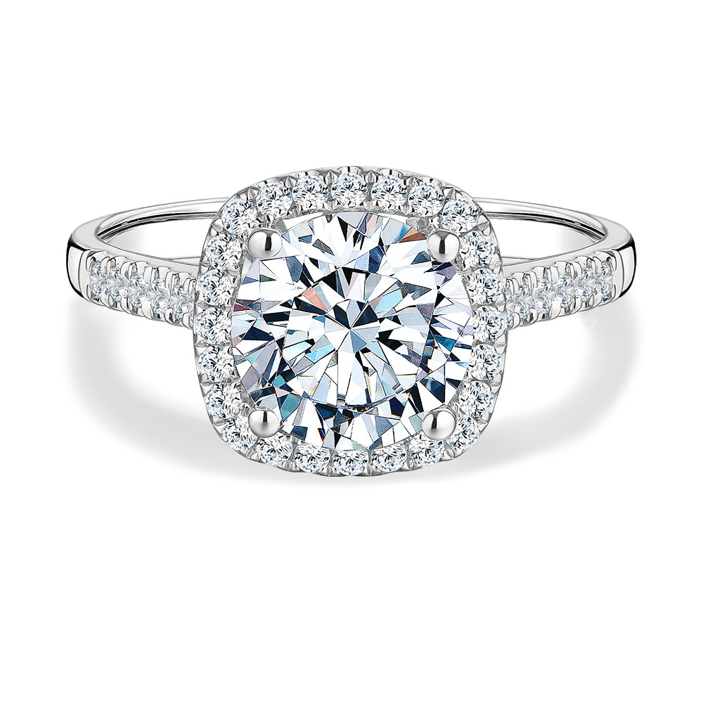 Round Brilliant halo engagement ring with 2.42 carats* of diamond simulants in 14 carat white gold