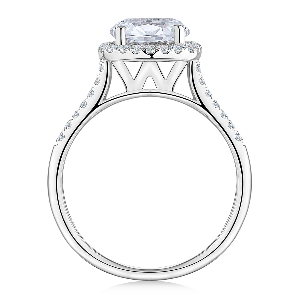 Round Brilliant halo engagement ring with 2.42 carats* of diamond simulants in 14 carat white gold
