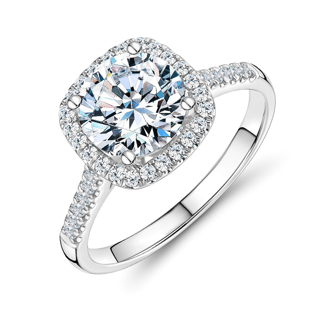 Round Brilliant halo engagement ring with 2.42 carats* of diamond simulants in 14 carat white gold