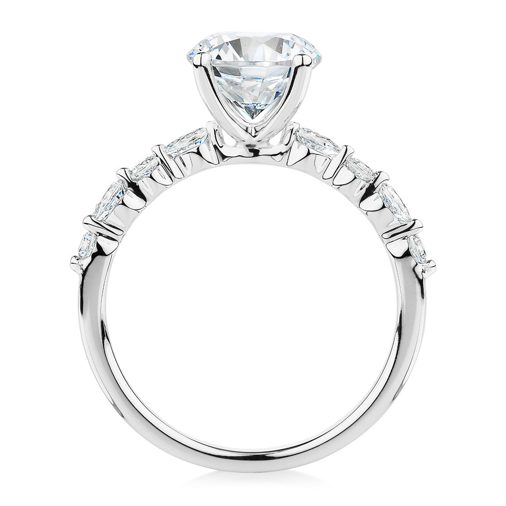 Round Brilliant and Pear shouldered engagement ring with 2.68 carats* of diamond simulants in 14 carat white gold