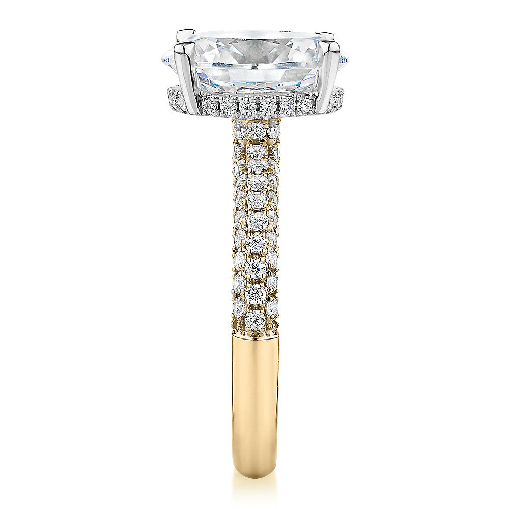 Oval and Round Brilliant shouldered engagement ring with 4.35 carats* of diamond simulants in 10 carat yellow and white gold