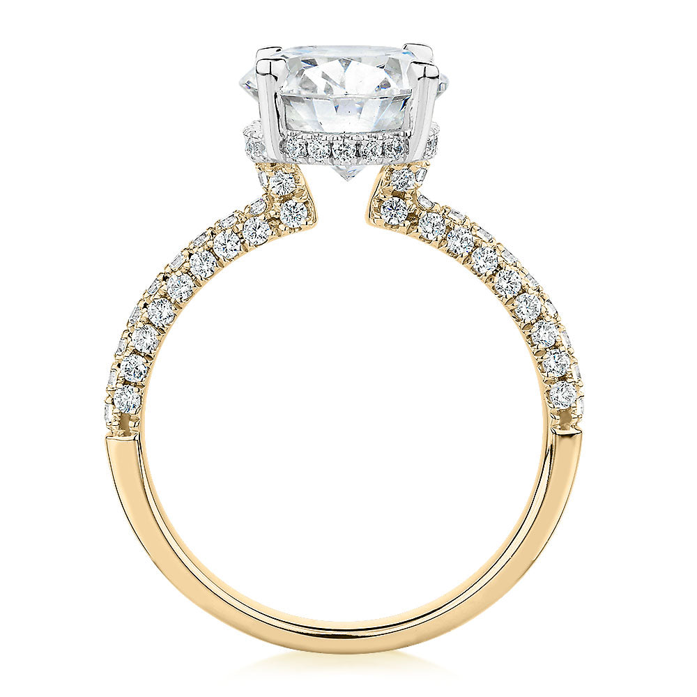 Oval and Round Brilliant shouldered engagement ring with 4.35 carats* of diamond simulants in 10 carat yellow and white gold