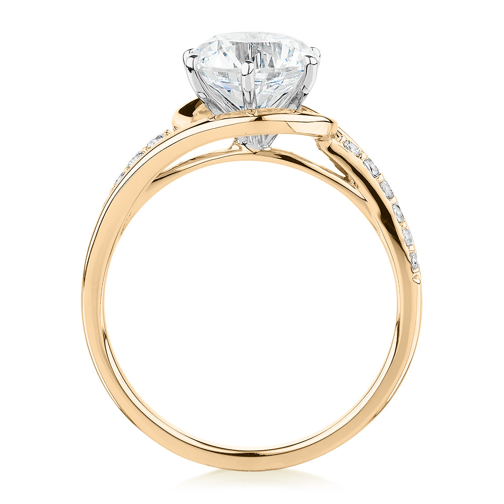 Round Brilliant shouldered engagement ring with 2.18 carats* of diamond simulants in 14 carat yellow and white gold