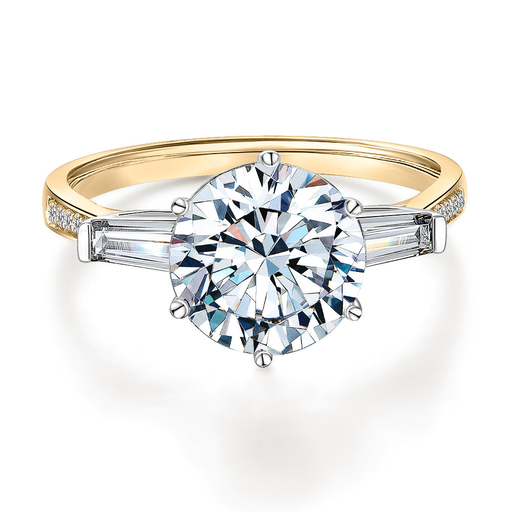 Round Brilliant and Baguette shouldered engagement ring with 3.23 carats* of diamond simulants in 14 carat yellow and white gold