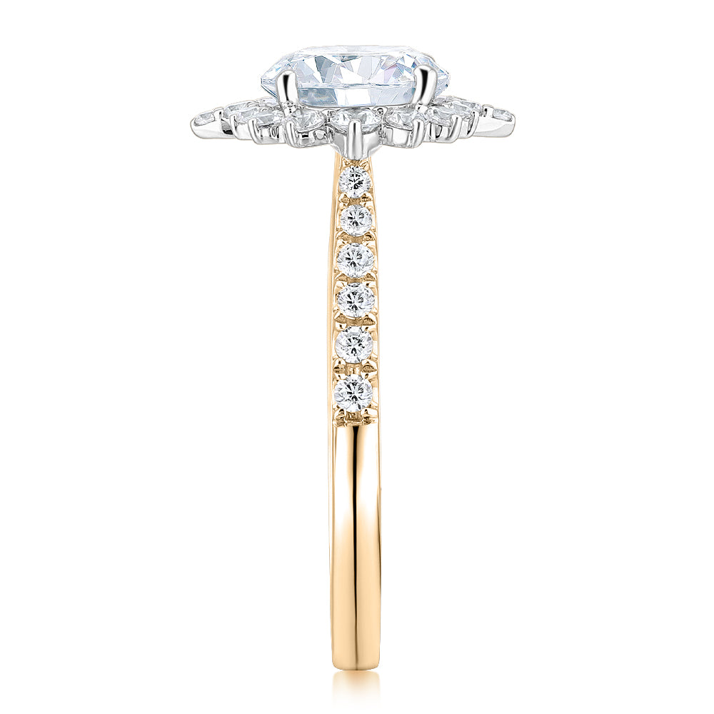 Round Brilliant shouldered engagement ring with 2.09 carats* of diamond simulants in 14 carat yellow and white gold