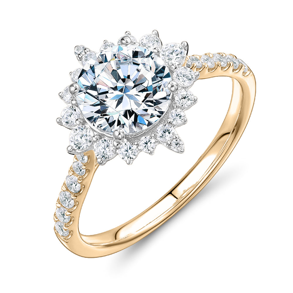 Round Brilliant shouldered engagement ring with 2.09 carats* of diamond simulants in 14 carat yellow and white gold