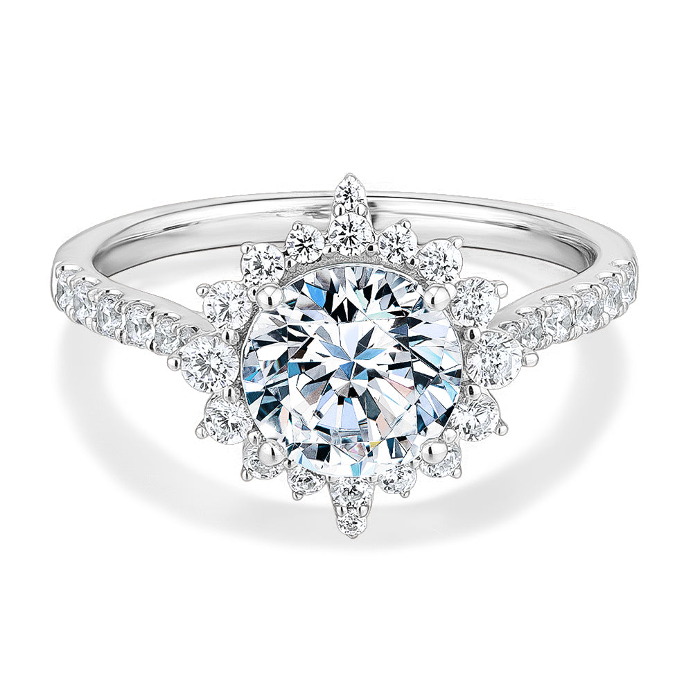 Round Brilliant shouldered engagement ring with 2.09 carats* of diamond simulants in 14 carat white gold