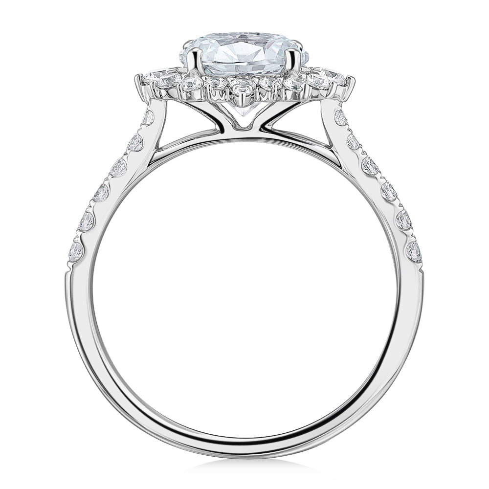 Round Brilliant shouldered engagement ring with 2.09 carats* of diamond simulants in 14 carat white gold