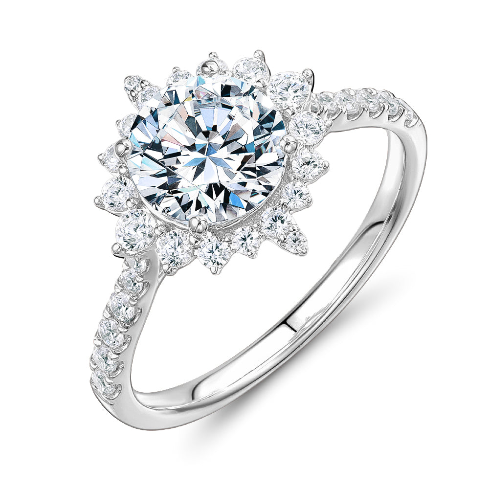 Round Brilliant shouldered engagement ring with 2.09 carats* of diamond simulants in 14 carat white gold