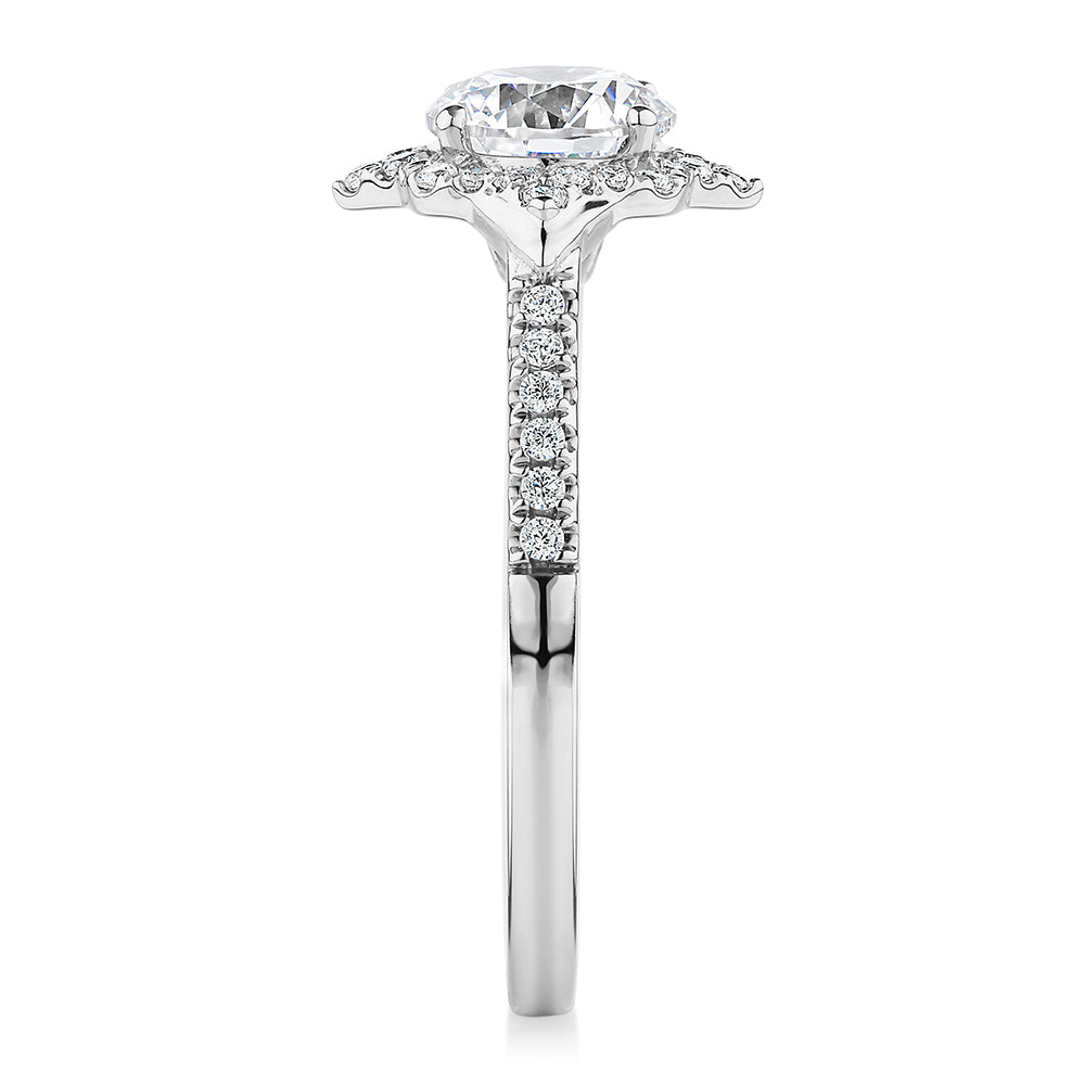 Round Brilliant halo engagement ring with 1.19 carats* of diamond simulants in 14 carat white gold