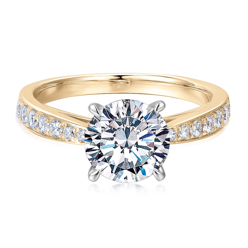 Round Brilliant shouldered engagement ring with 2.32 carats* of diamond simulants in 14 carat yellow and white gold