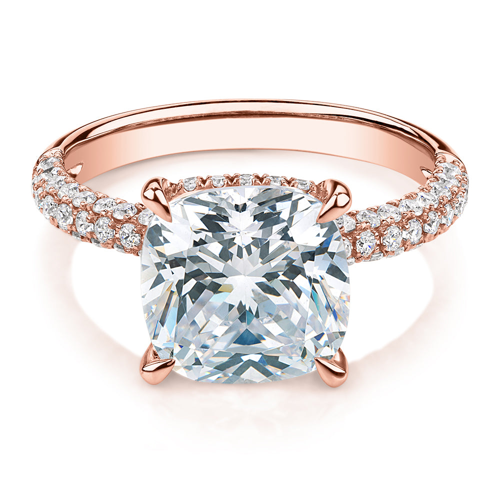 Cushion and Round Brilliant shouldered engagement ring with 3.84 carats* of diamond simulants in 10 carat rose gold
