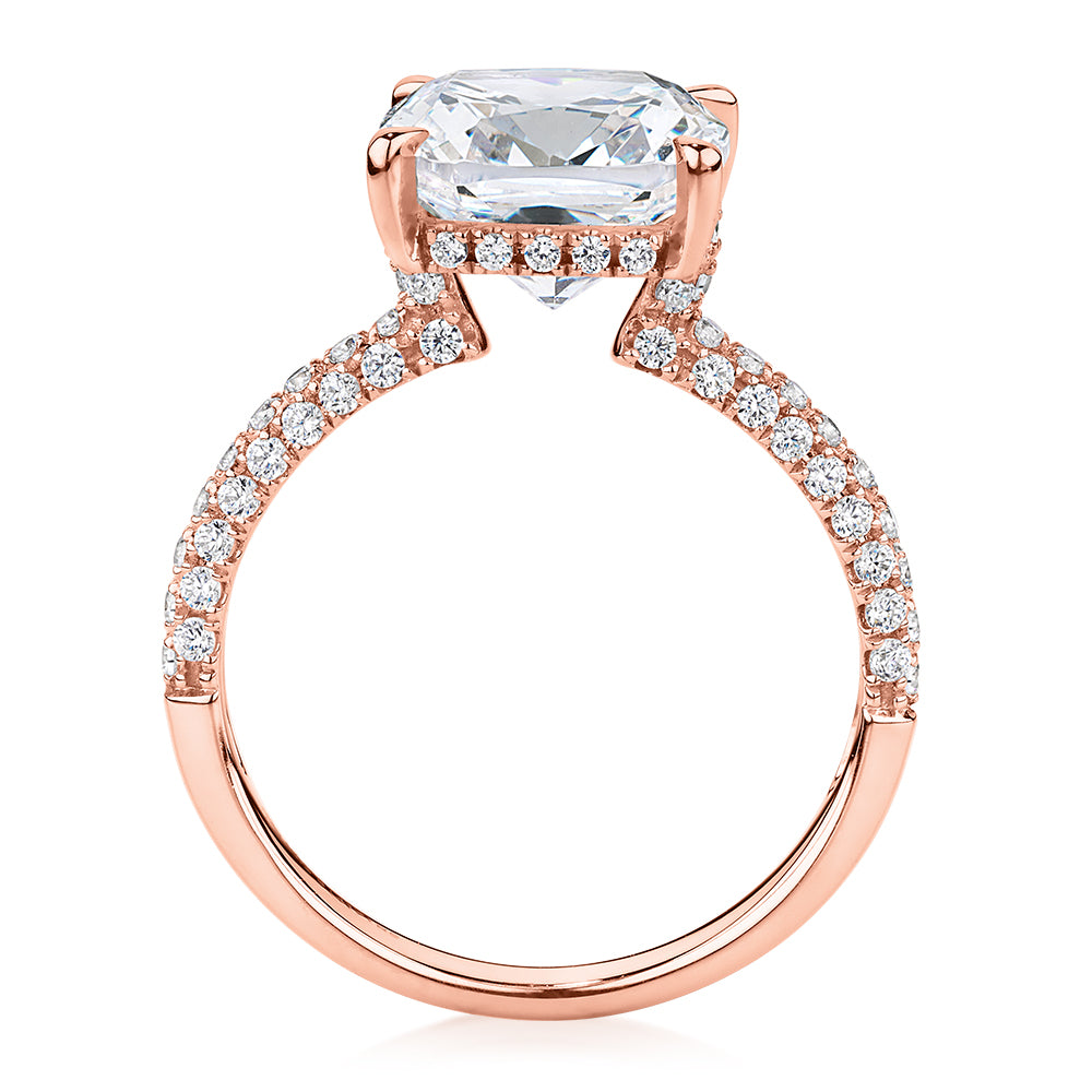 Cushion and Round Brilliant shouldered engagement ring with 3.84 carats* of diamond simulants in 10 carat rose gold