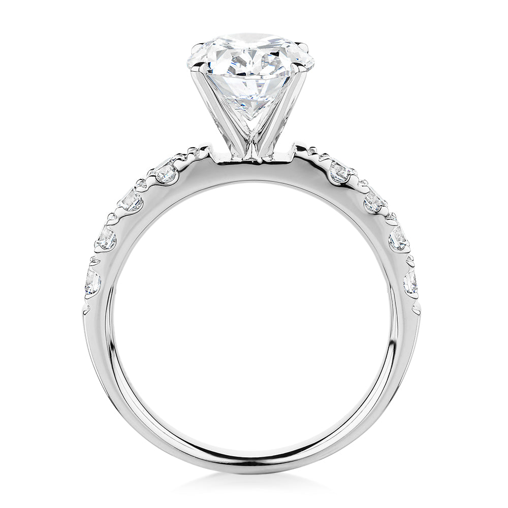 Oval shouldered engagement ring with 3.18 carats* of diamond simulants in 14 carat white gold