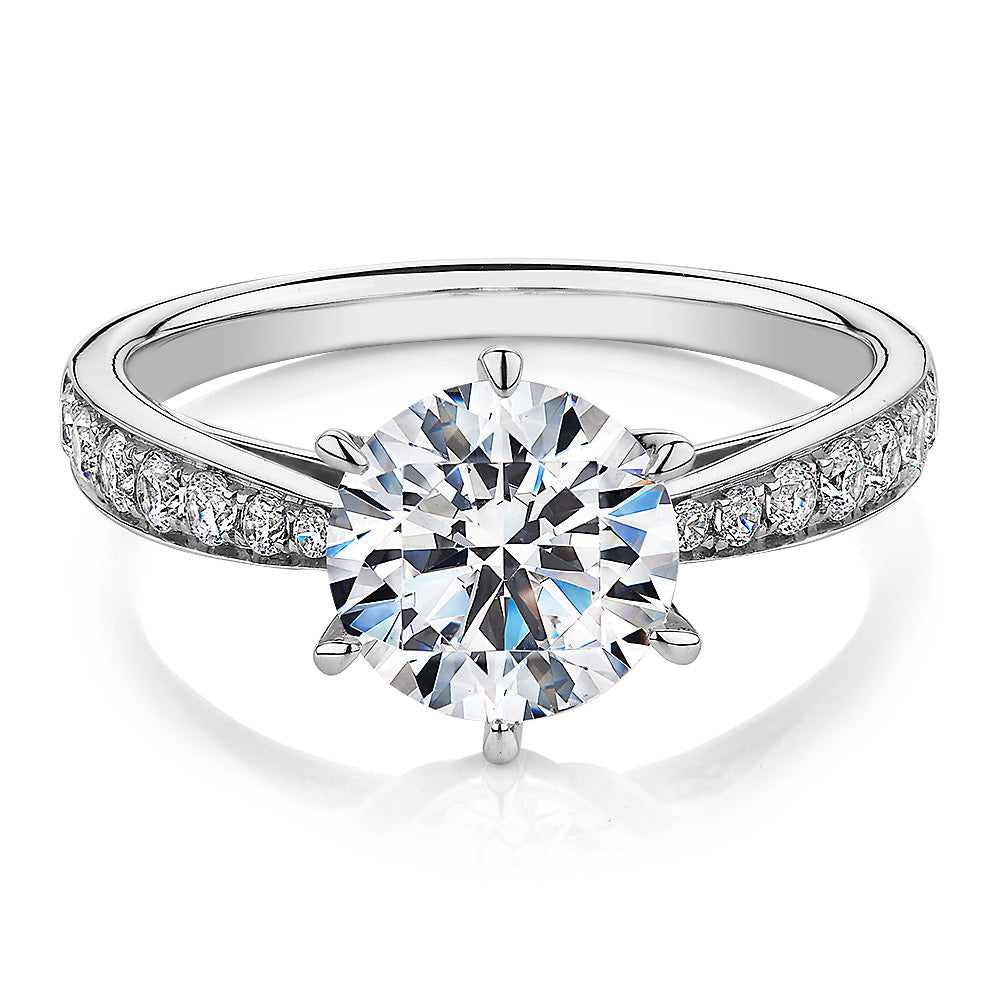 Round Brilliant shouldered engagement ring with 2.3 carats* of diamond simulants in 14 carat white gold