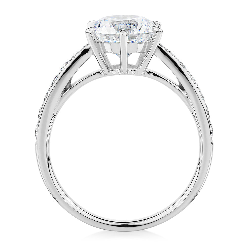 Round Brilliant shouldered engagement ring with 2.3 carats* of diamond simulants in 14 carat white gold