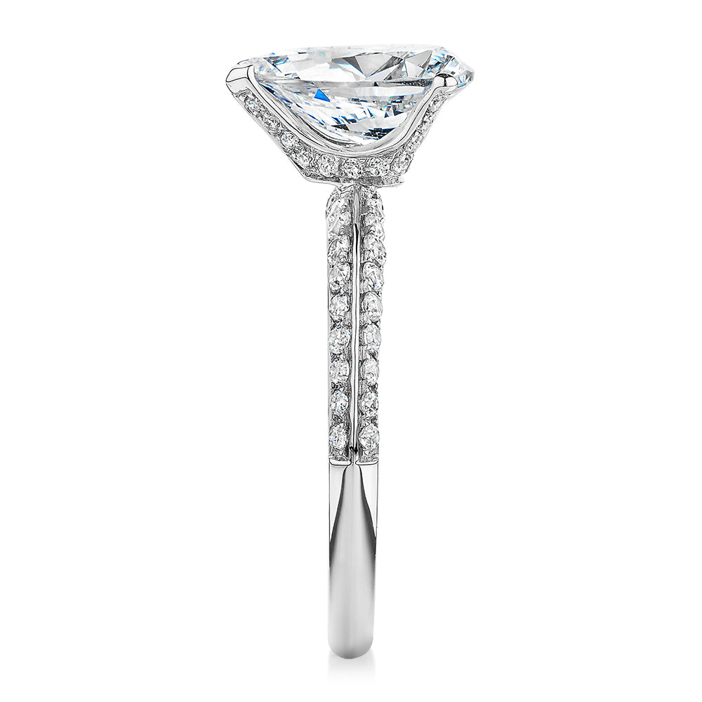 Pear shouldered engagement ring with 2.22 carats* of diamond simulants in 14 carat white gold