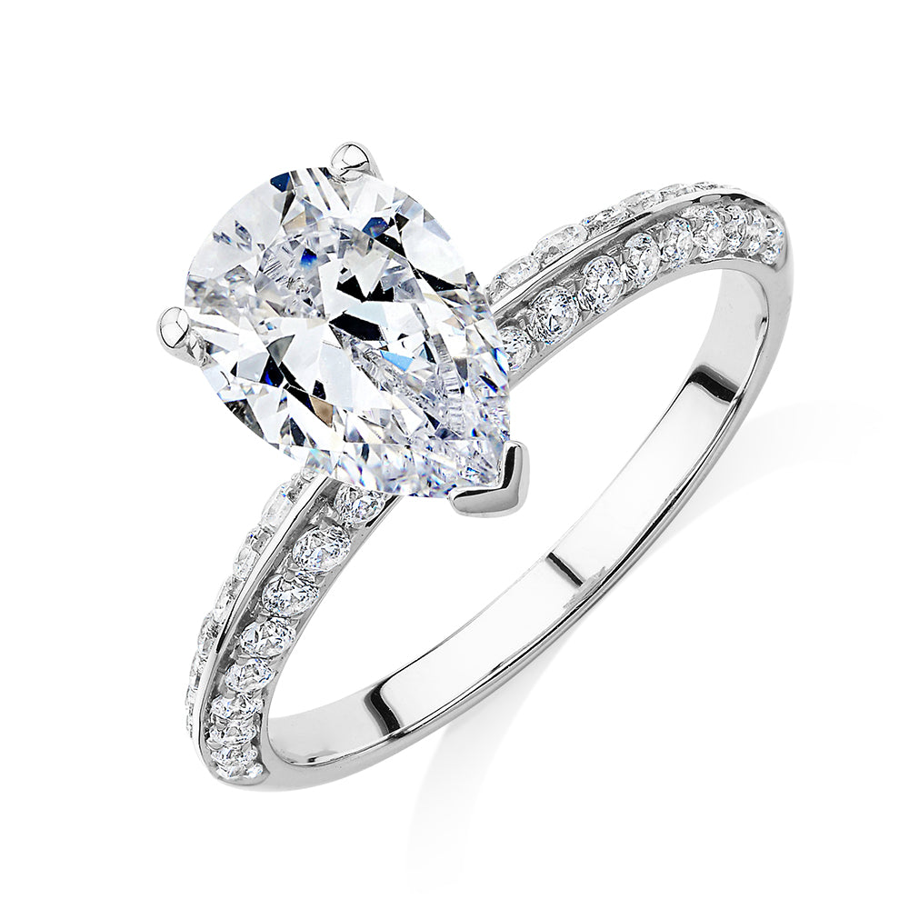 Pear shouldered engagement ring with 2.22 carats* of diamond simulants in 14 carat white gold