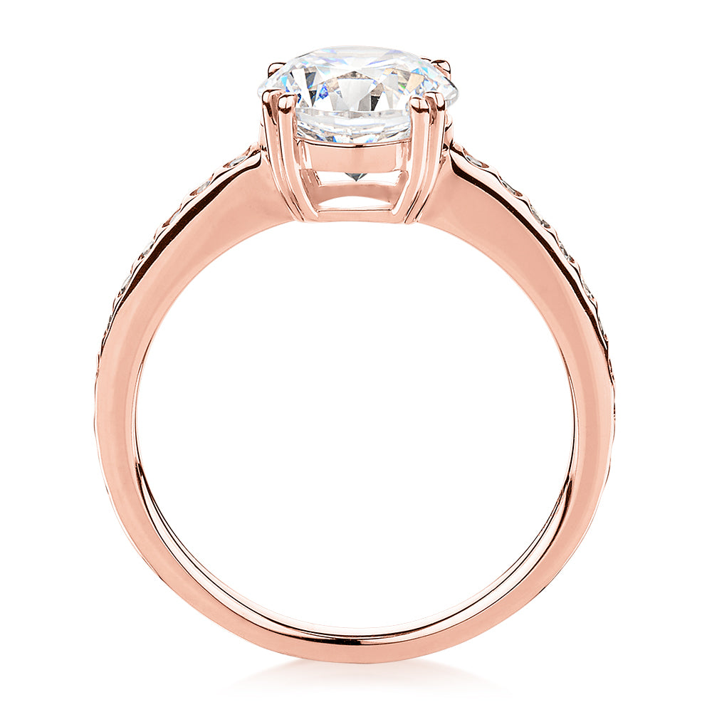 Round Brilliant shouldered engagement ring with 2.17 carats* of diamond simulants in 14 carat rose gold