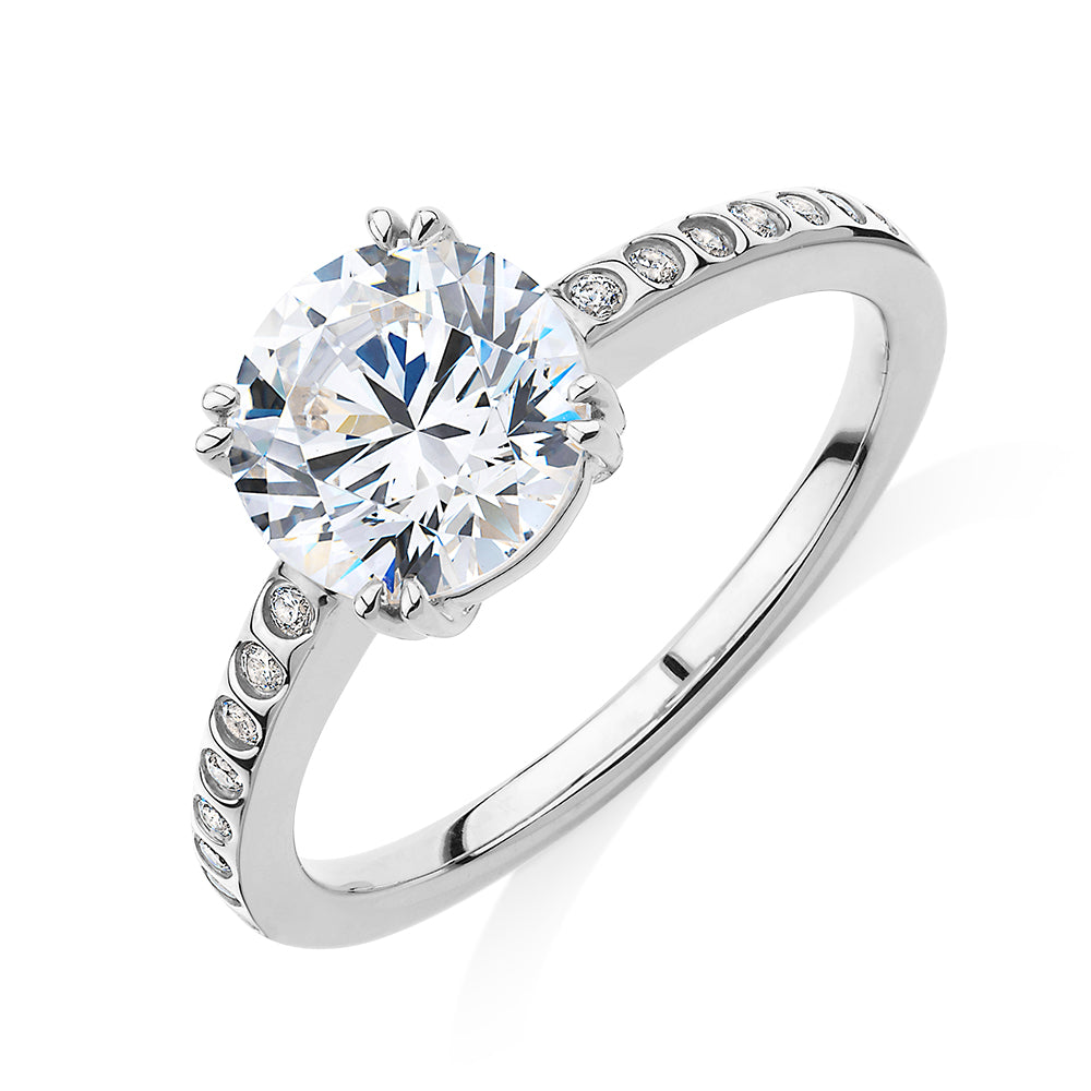 Round Brilliant shouldered engagement ring with 2.17 carats* of diamond simulants in 14 carat white gold