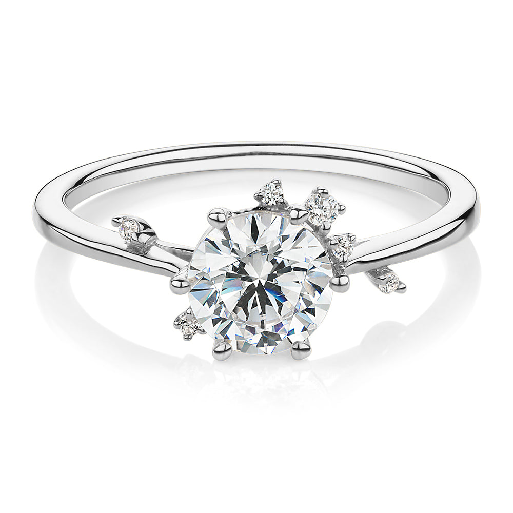 Round Brilliant shouldered engagement ring with 1.07 carats* of diamond simulants in 14 carat white gold