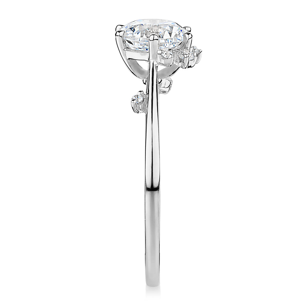 Round Brilliant shouldered engagement ring with 1.07 carats* of diamond simulants in 14 carat white gold