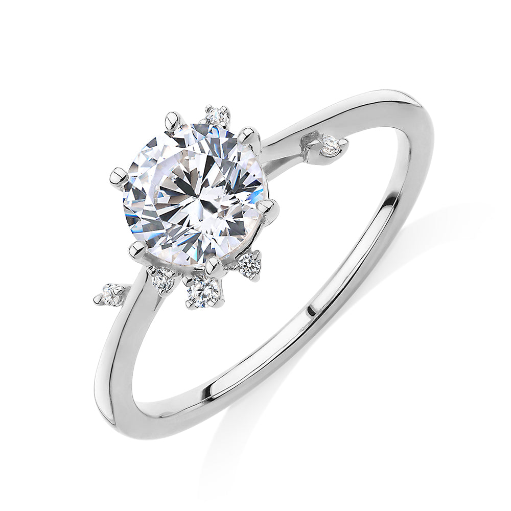 Round Brilliant shouldered engagement ring with 1.07 carats* of diamond simulants in 14 carat white gold
