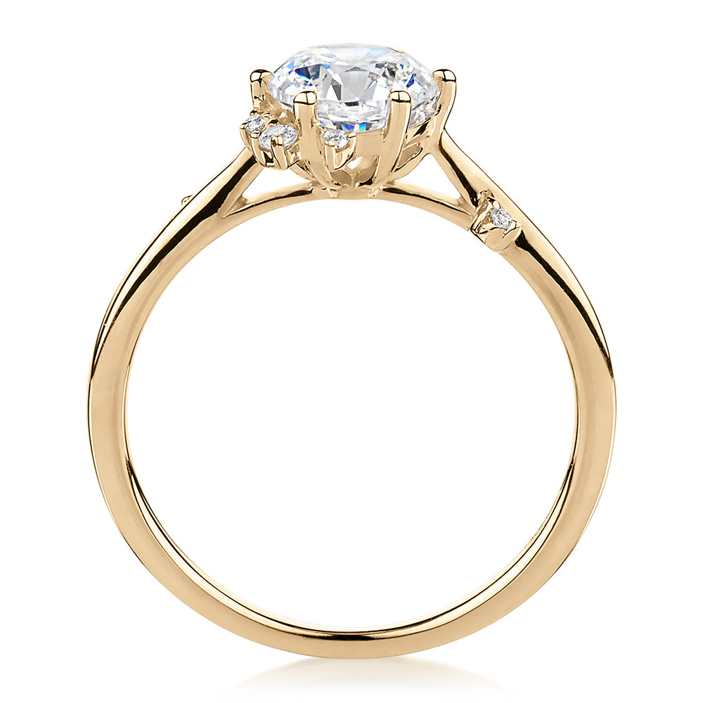 Round Brilliant shouldered engagement ring with 1.07 carats* of diamond simulants in 14 carat yellow gold