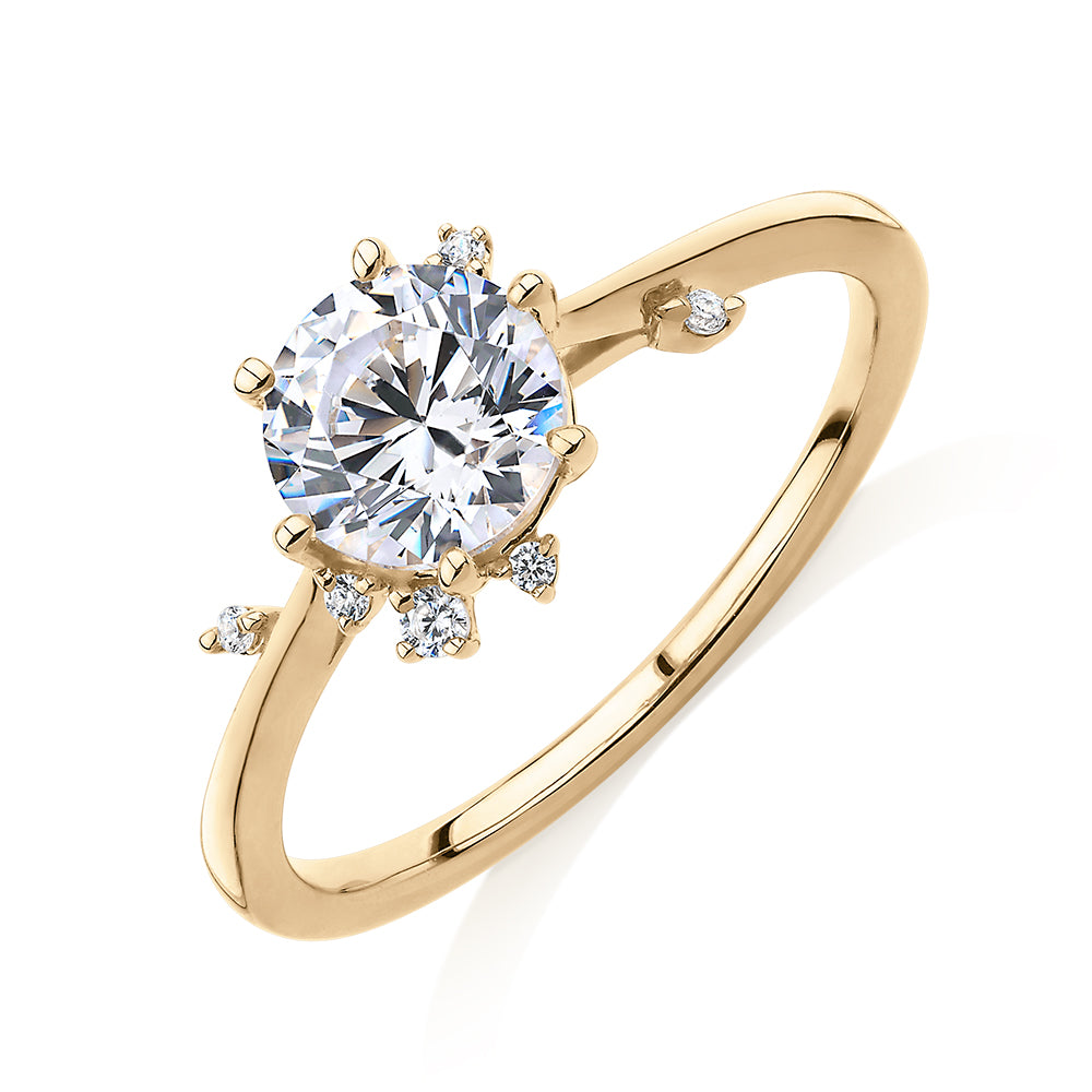 Round Brilliant shouldered engagement ring with 1.07 carats* of diamond simulants in 14 carat yellow gold