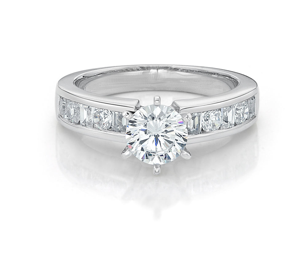 Round and Baguette Channel Set Ring in White Gold