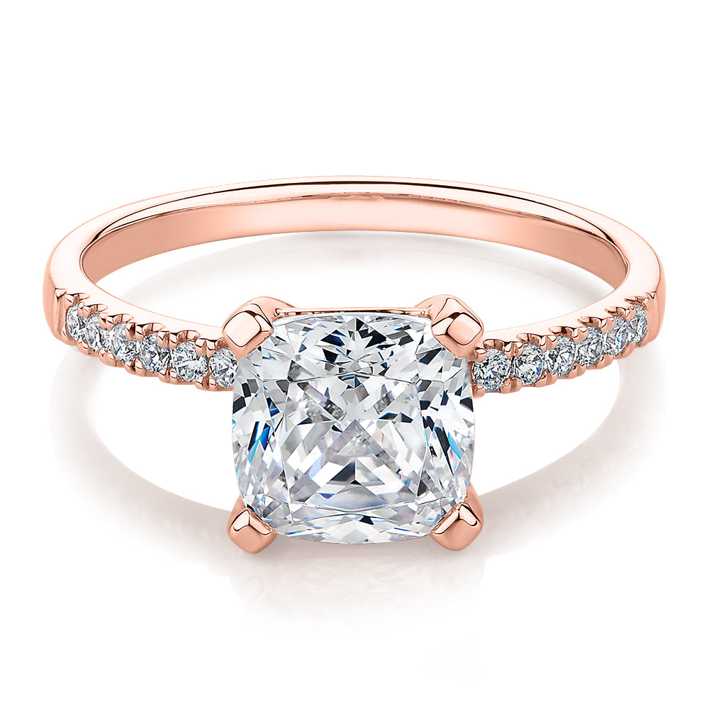 Cushion and Round Brilliant shouldered engagement ring with 1.79 carats* of diamond simulants in 14 carat rose gold