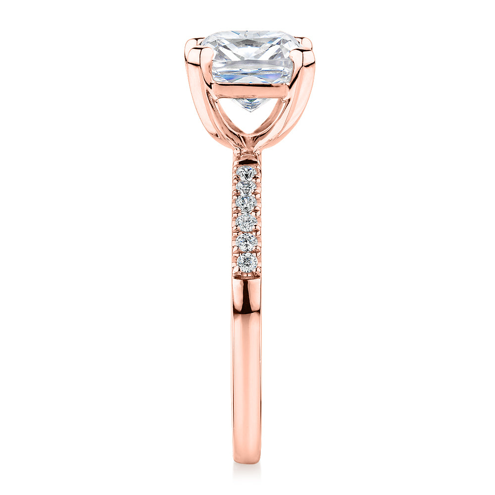 Cushion and Round Brilliant shouldered engagement ring with 1.79 carats* of diamond simulants in 14 carat rose gold