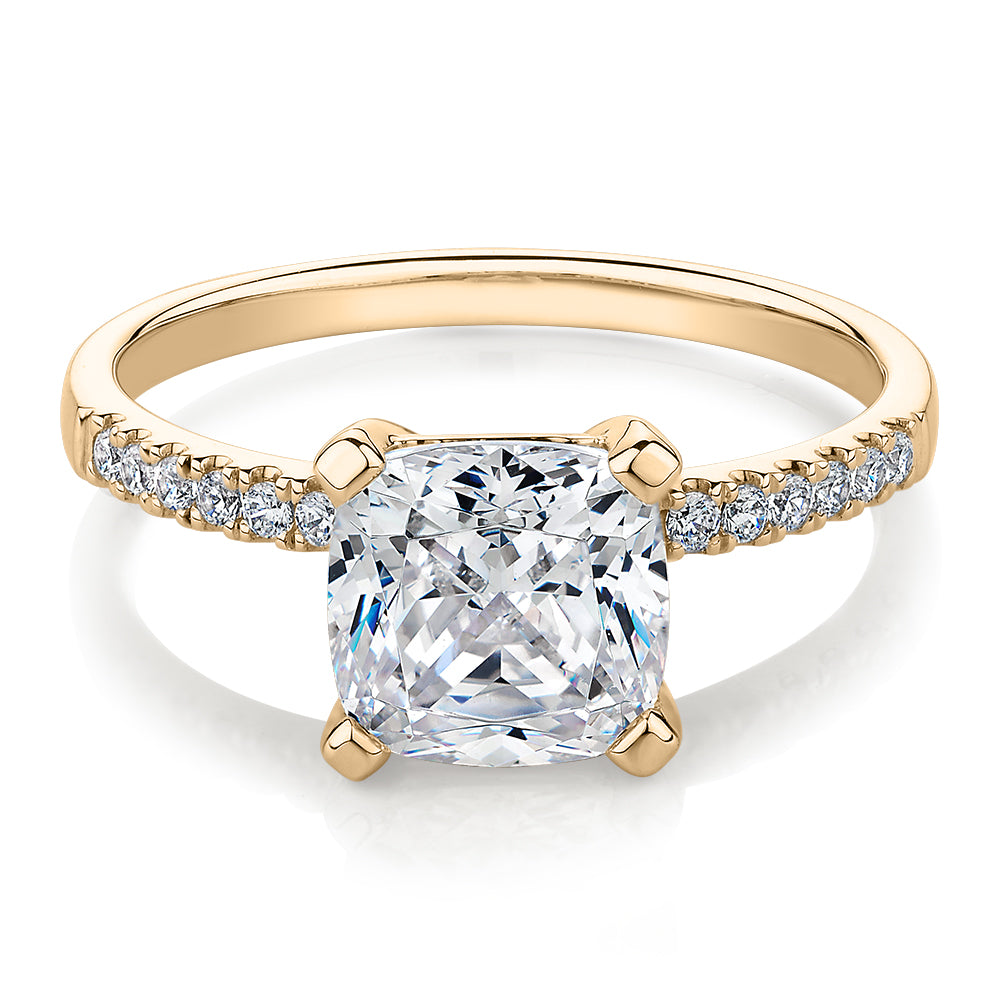 Cushion and Round Brilliant shouldered engagement ring with 1.79 carats* of diamond simulants in 14 carat yellow gold