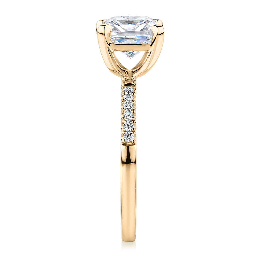 Cushion and Round Brilliant shouldered engagement ring with 1.79 carats* of diamond simulants in 14 carat yellow gold