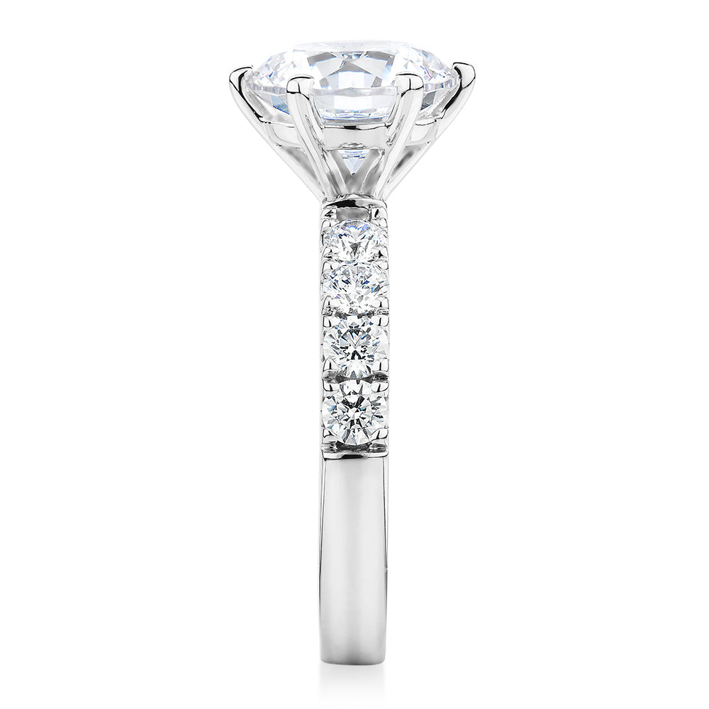 Round Brilliant shouldered engagement ring with 3.39 carats* of diamond simulants in 14 carat white gold